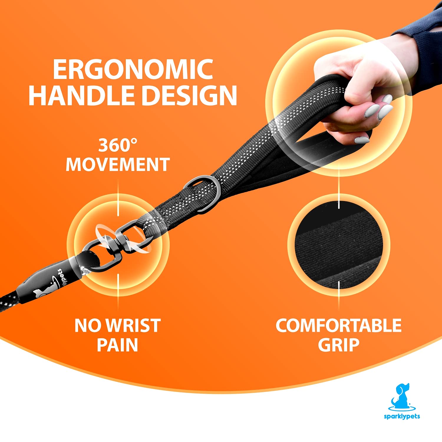 SparklyPets Ergonomic 360-degree coupler reduces wrist strain on walks.