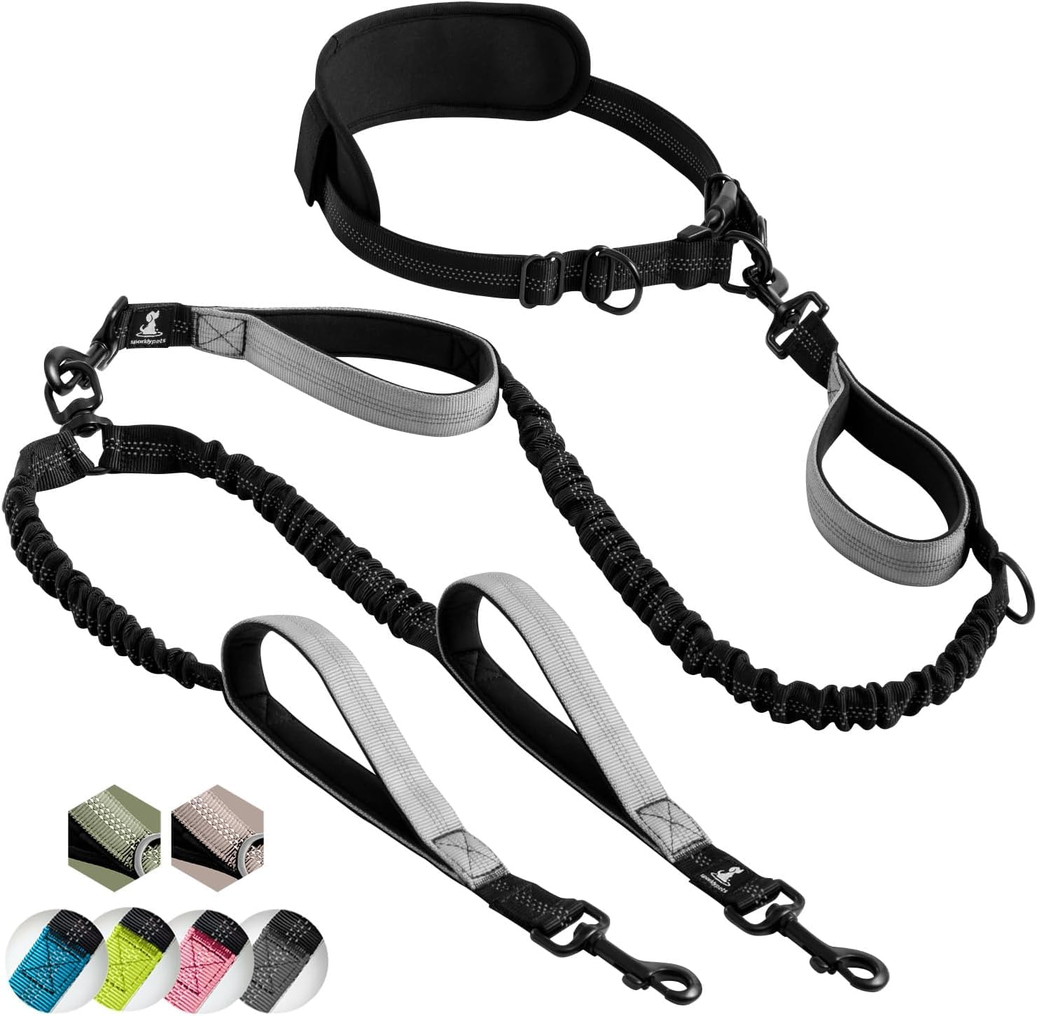 SparklyPets hands-free double leash enables dual-dog control during walks.