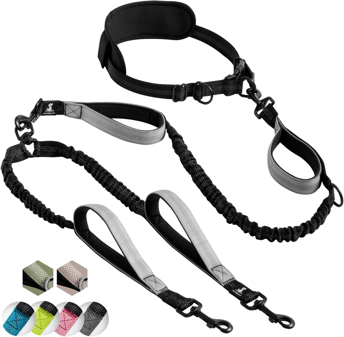 SparklyPets hands-free double leash enables dual-dog control during walks.