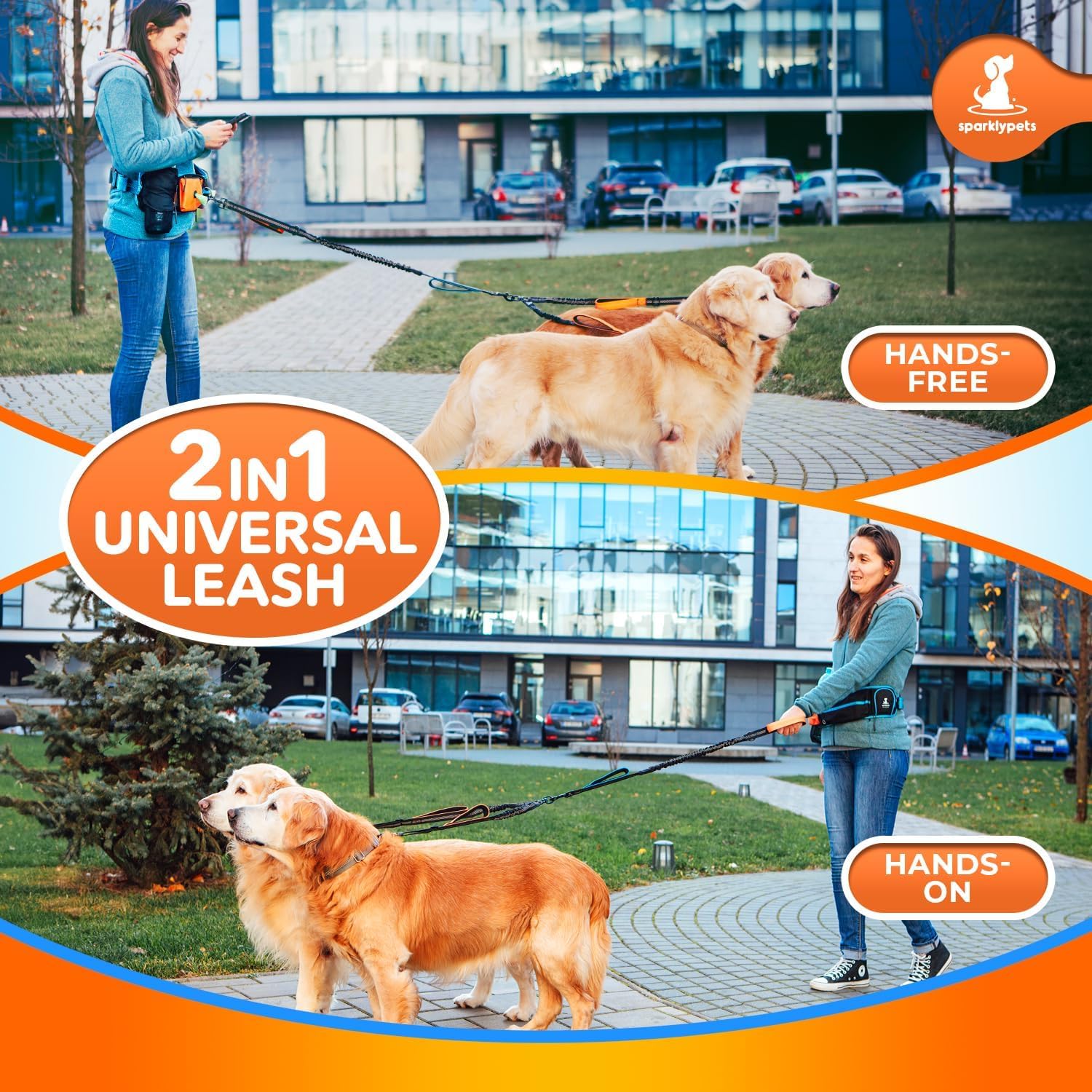 SparklyPets running-belt-use in park with two dogs supports smooth walks.