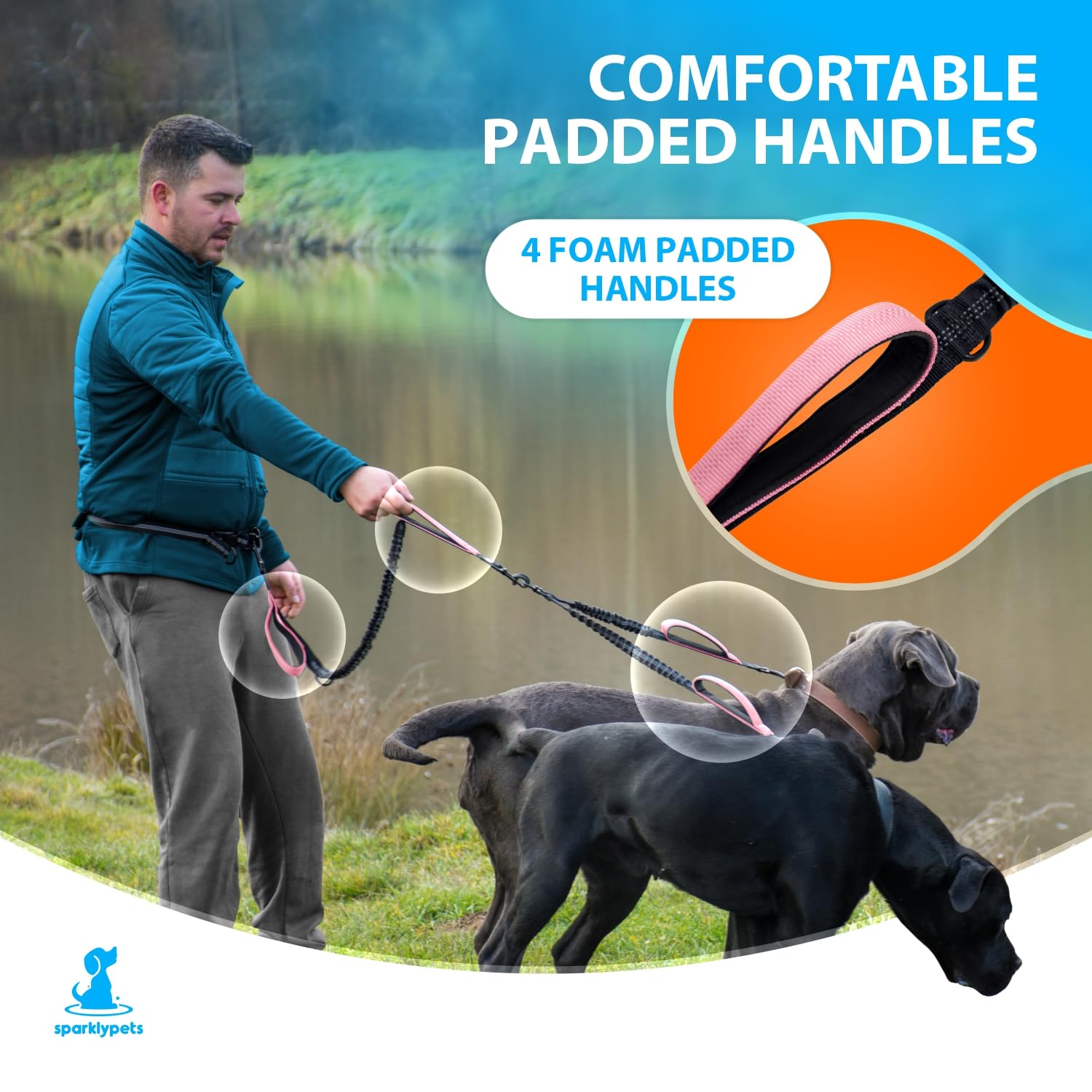 SparklyPets stainless steel clasps keep two dogs securely attached.