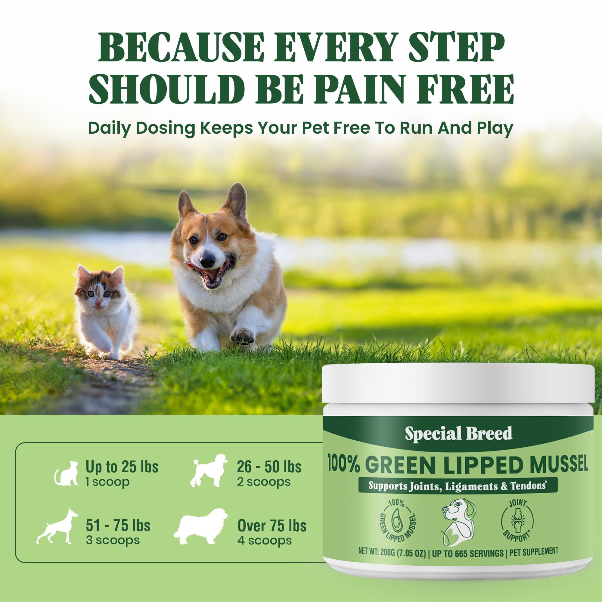 Special Breed 200-gram jar provides 665 servings for ongoing joint care.