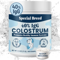 Special Breed 40% IgG dog colostrum powder bottle shows potent immune support.