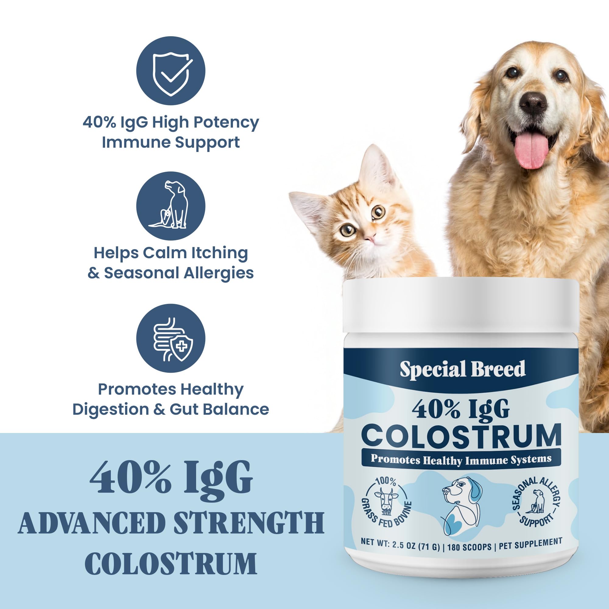 Special Breed 40% IgG label closeup with third-party testing indication.
