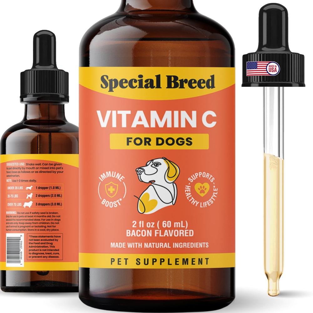Special Breed bacon-flavored Vitamin C for dogs in a bottle boosts mealtime acceptance.