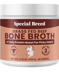 Special Breed bone broth powder sprinkled on kibble for hydration and flavor