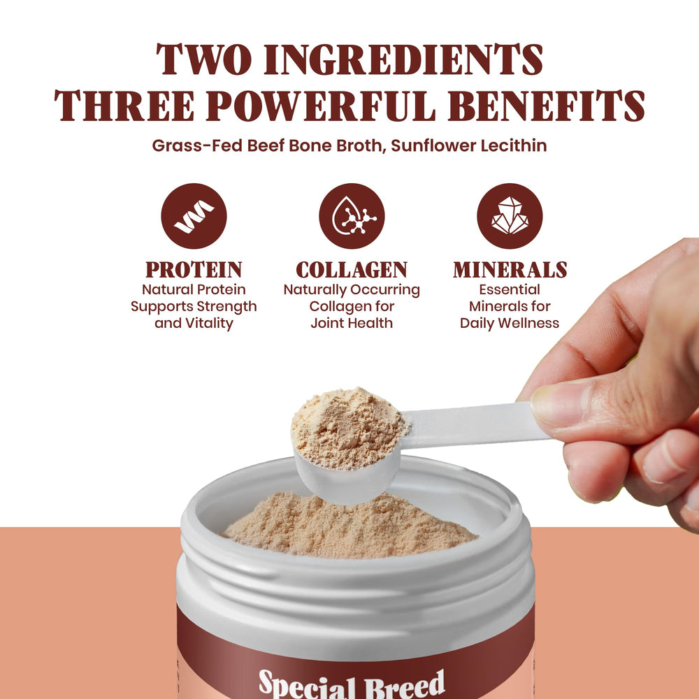Special Breed bone broth powder packaging label highlighting two ingredients