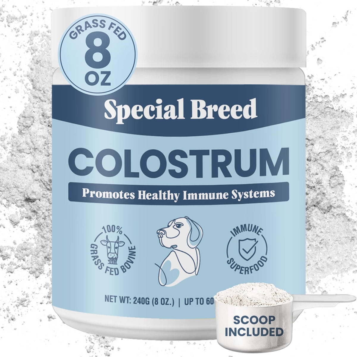 Special Breed bovine colostrum powder for dogs – immune support on daily meals.