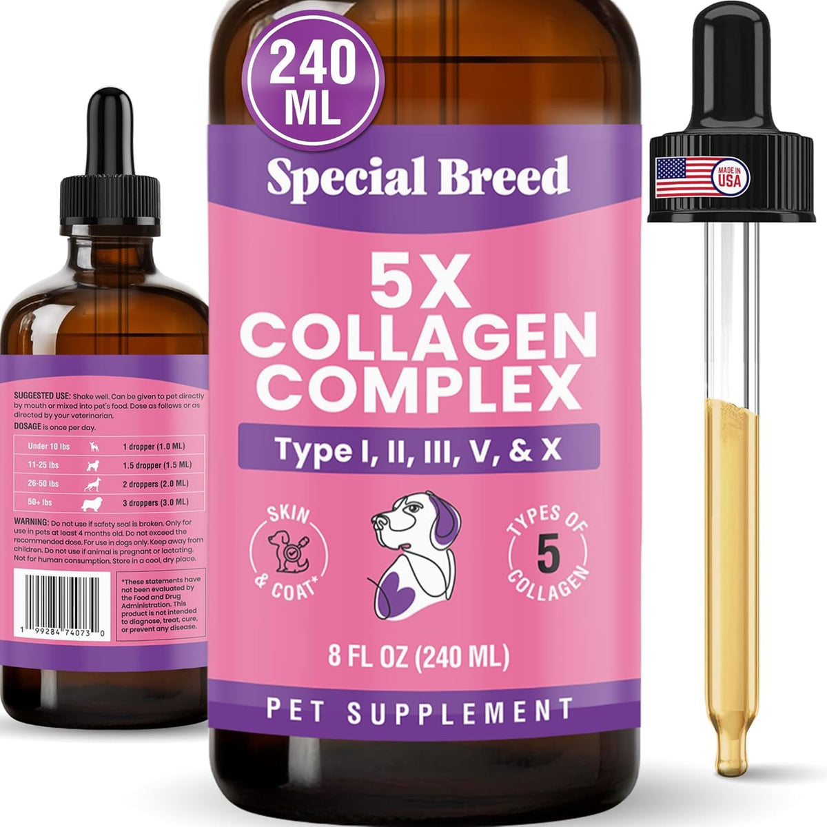 Special Breed collagen for dogs in liquid form, supports joint comfort and easy mixing with meals.
