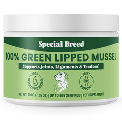 Special Breed green lipped mussel powder bag for natural joint support in dogs and cats.