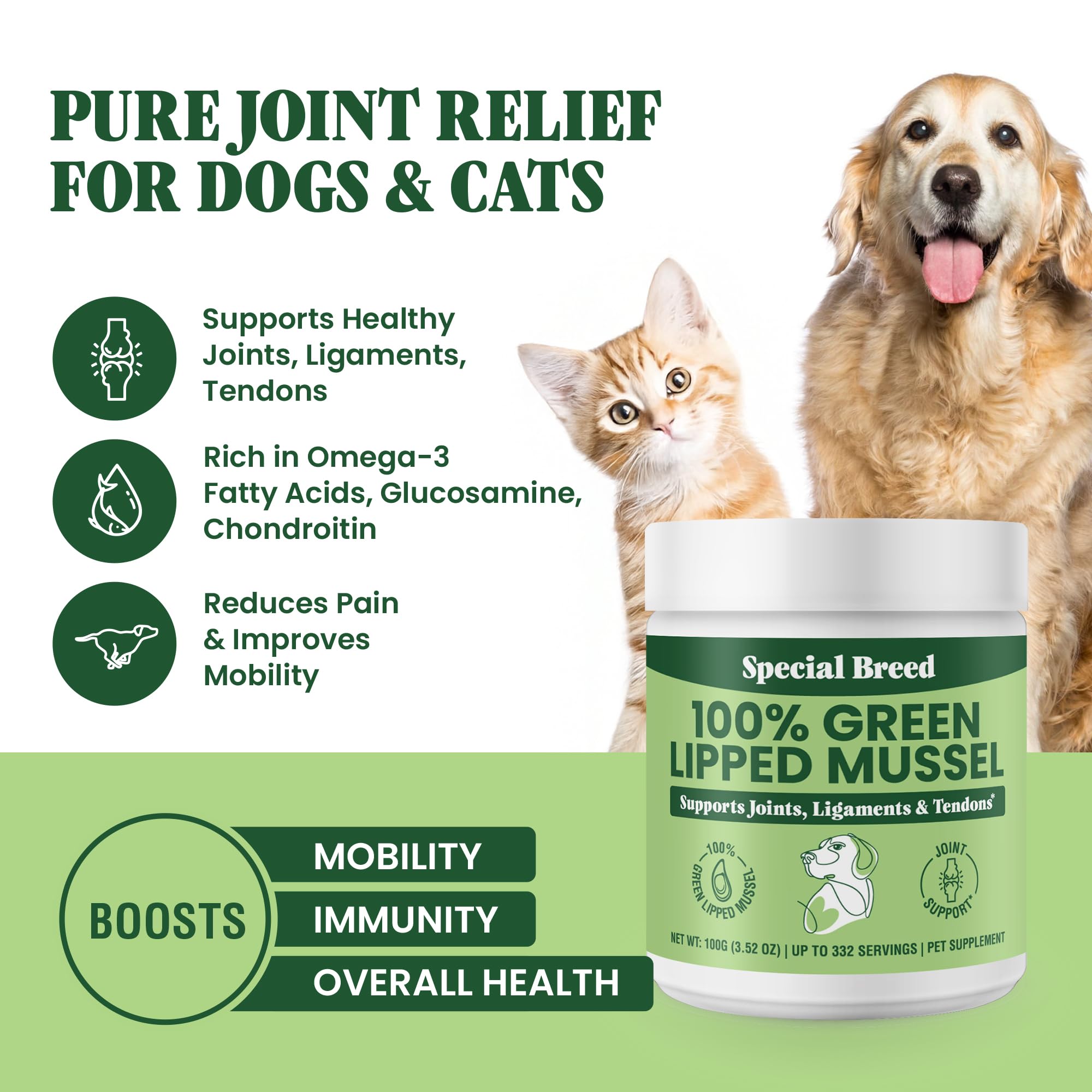 Special Breed Mussel Powder sprinkled on cat food supports feline joint health.