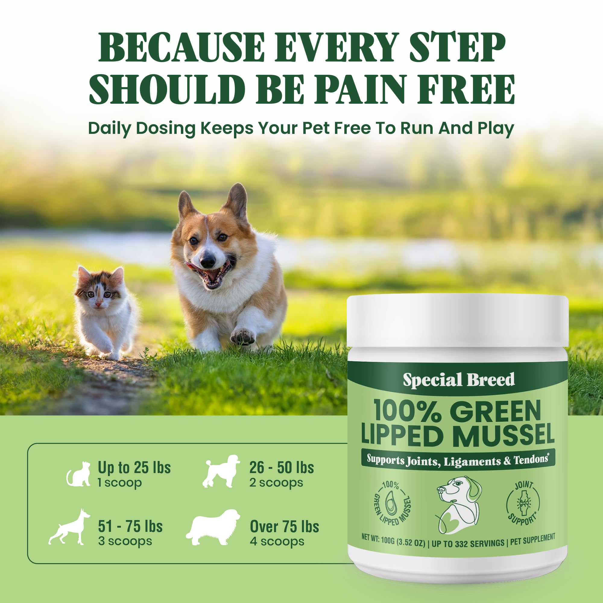 Scoop beside Special Breed powder enables simple daily dosing.