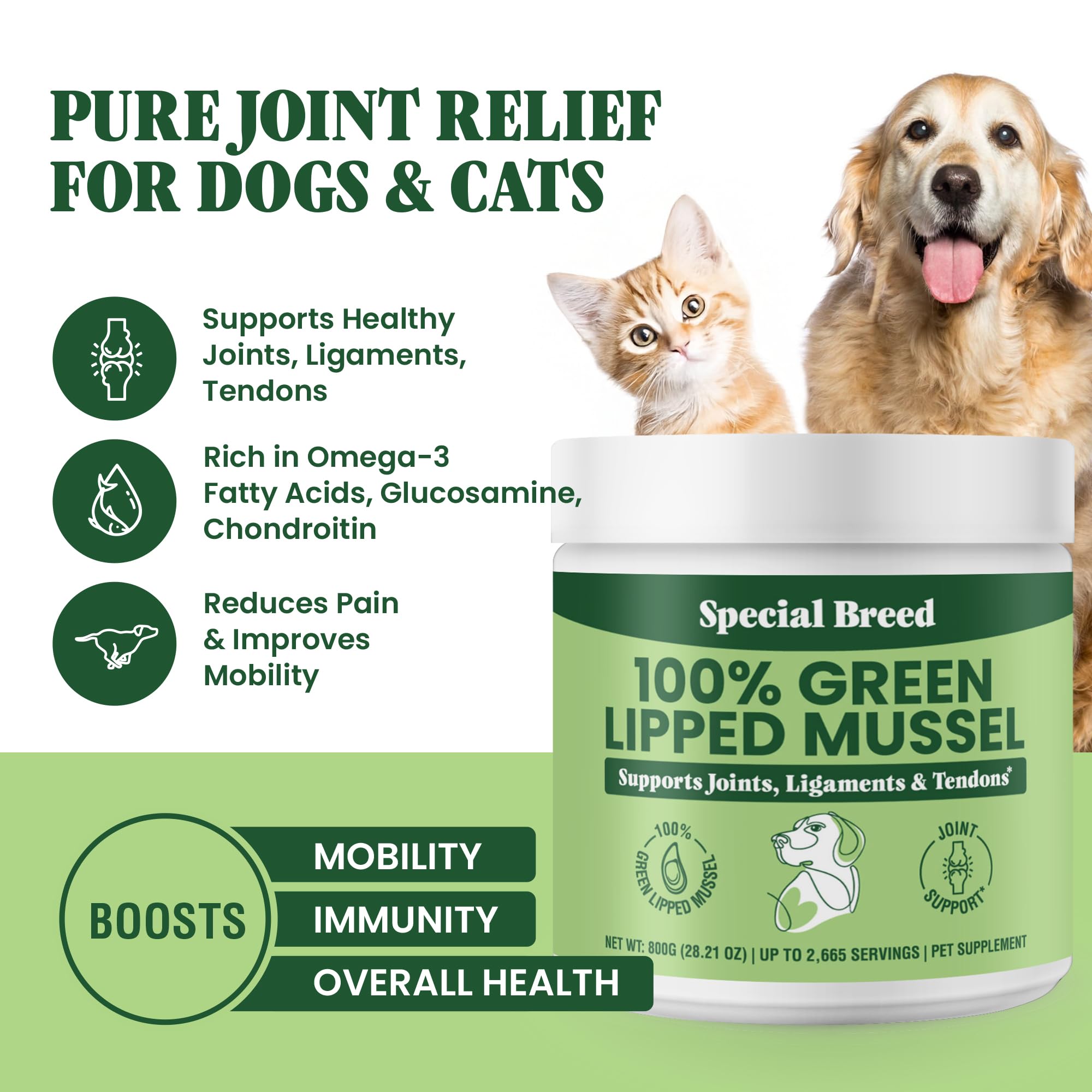 Special Breed green lipped mussel powder sprinkled into pet food for flexible movement.