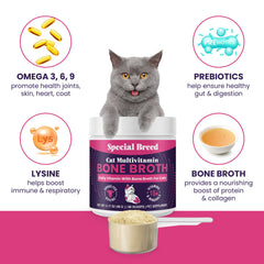 Special Breed liquid broth served over cat food.