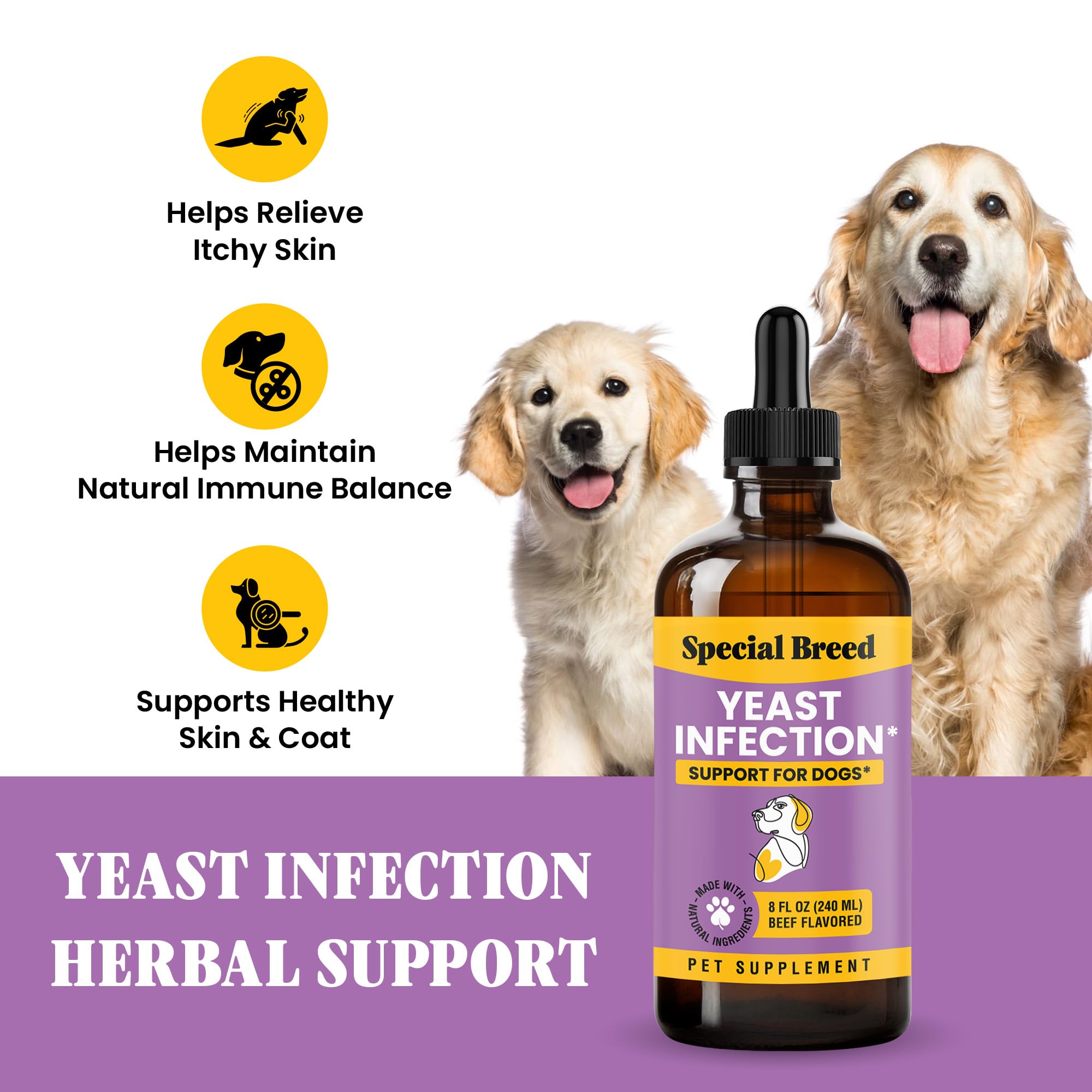 Special Breed liquid drops for dogs shown dispensing, easy dosing for picky eaters.