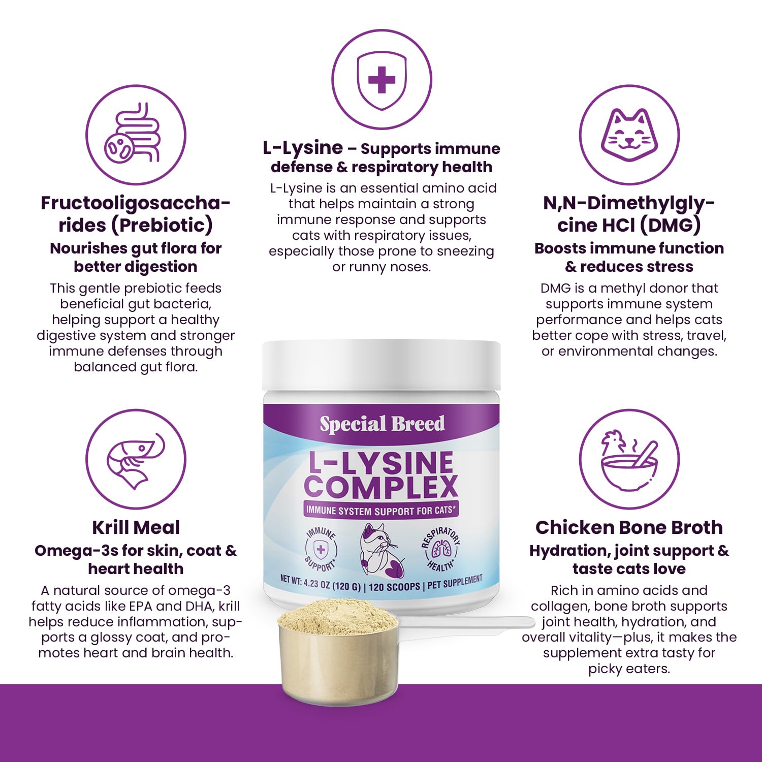 Special Breed L-Lysine powder mixed into cat food for daily use.
