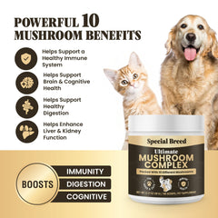 Label close-up shows organic mushroom blend for pets.