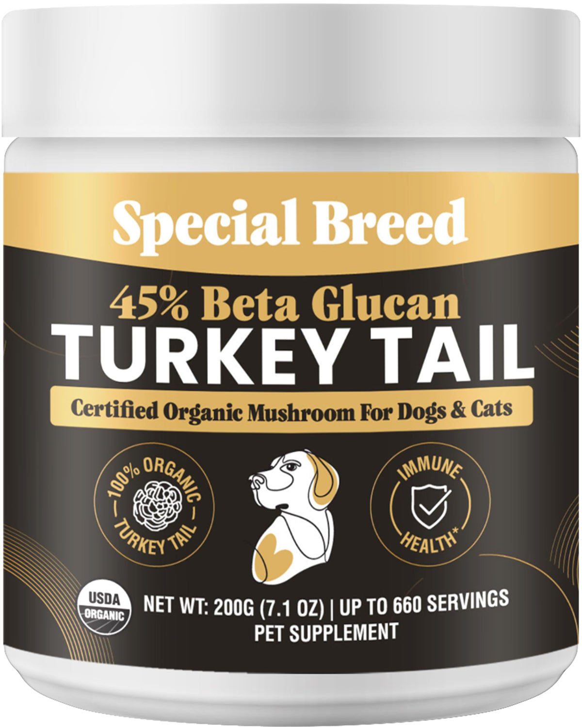 Special Breed organic turkey tail powder bottle shows pure, potent immune support for pets