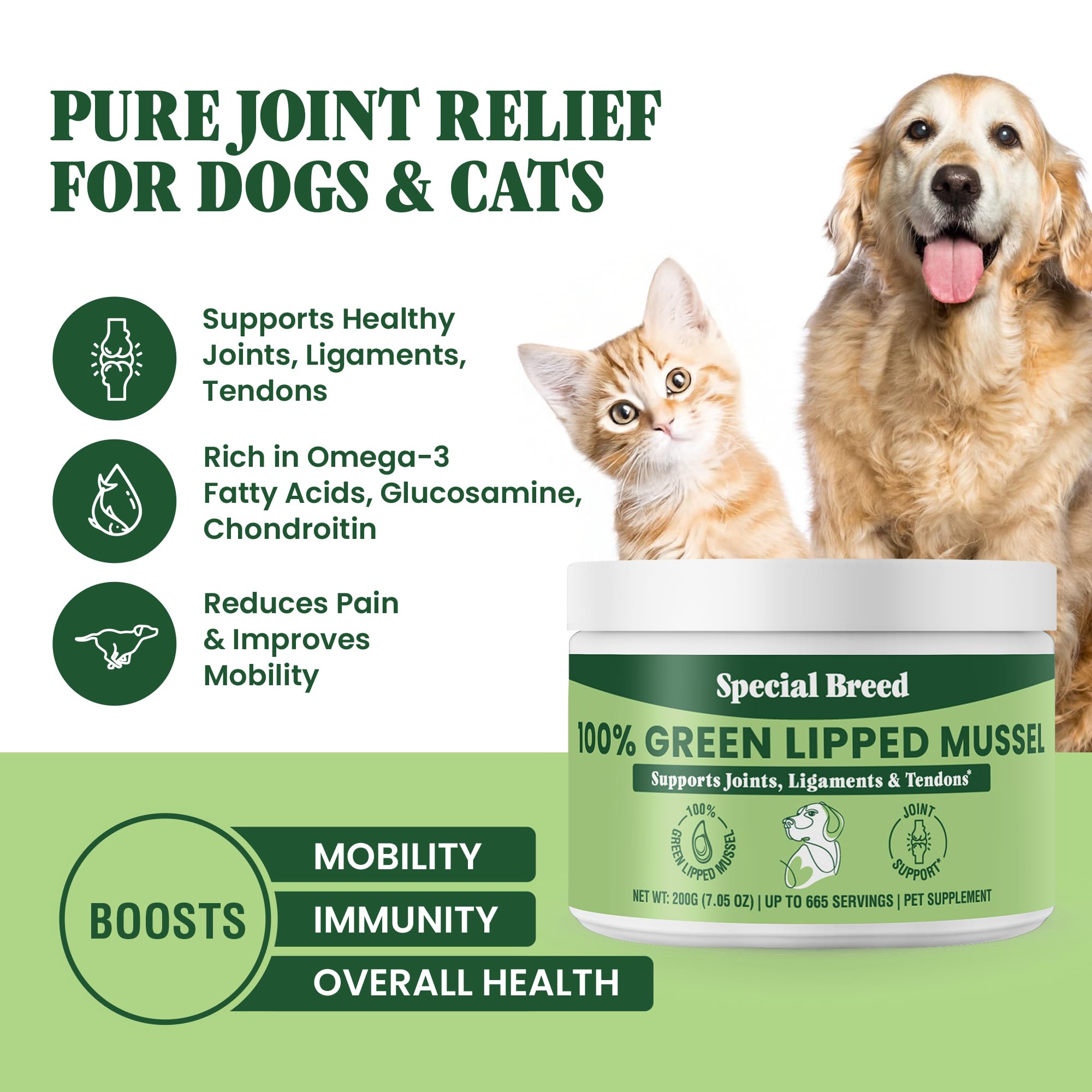 Special Breed joint wellness for pets powder ready to mix into meals.