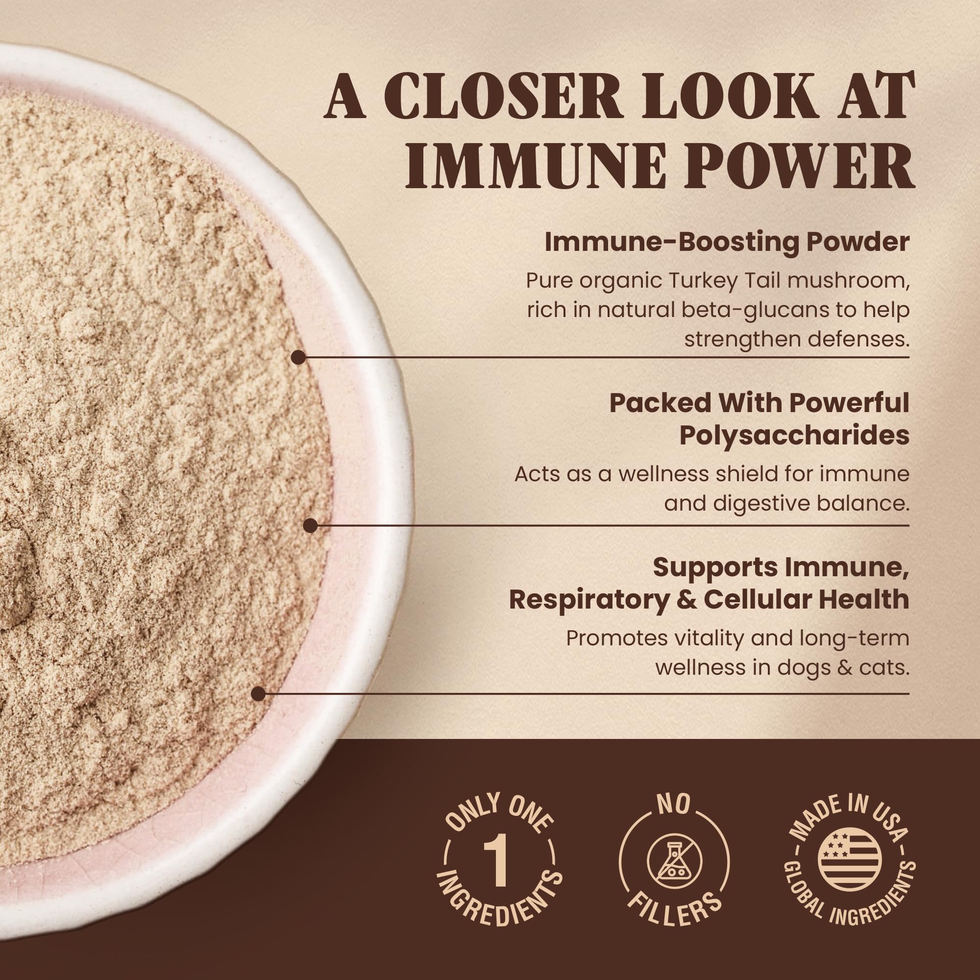 Special Breed pour turkey tail powder into pet food for daily immune tweaks