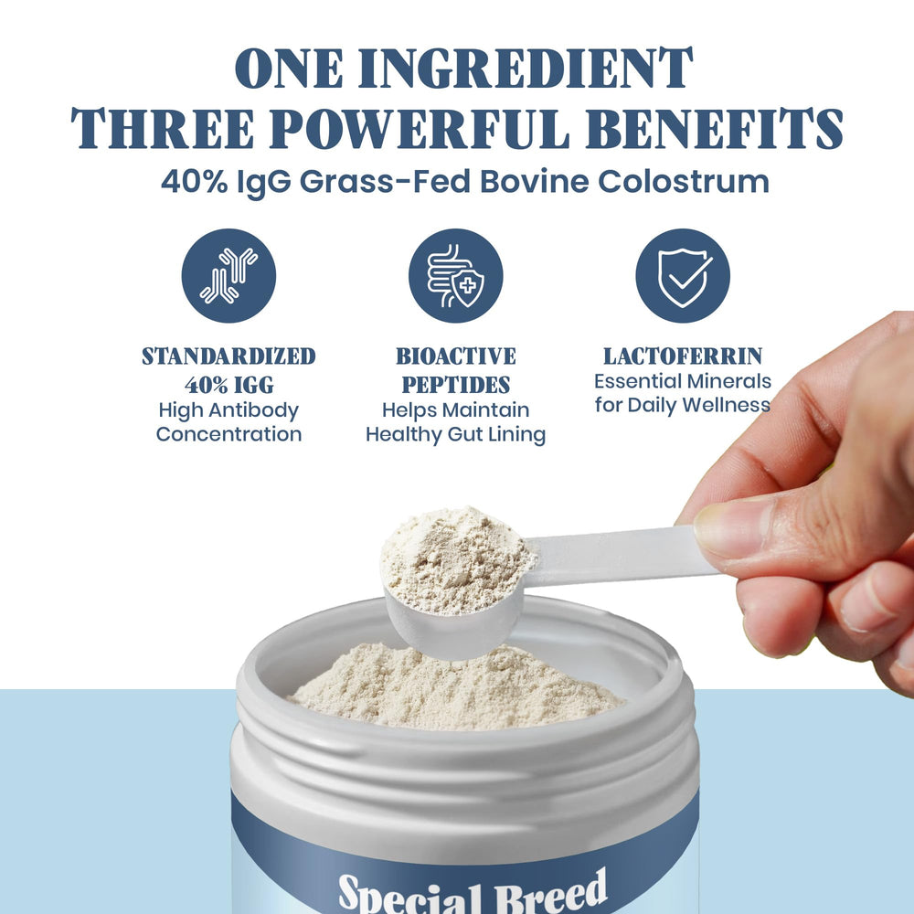 Special Breed scoop demonstrates easy daily dosing for gut-friendly support.