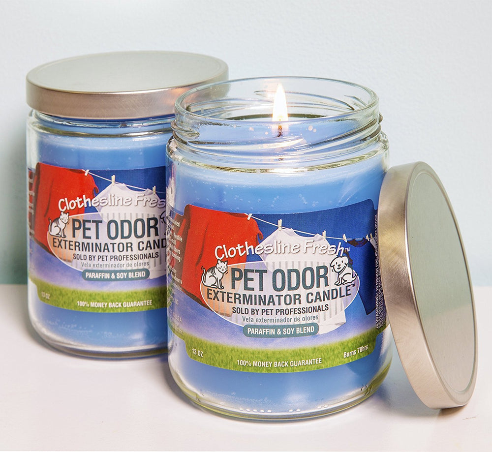 SPECIALTY PET PRODUCTS Clothesline Fresh candle label detail highlights branding and product quality.