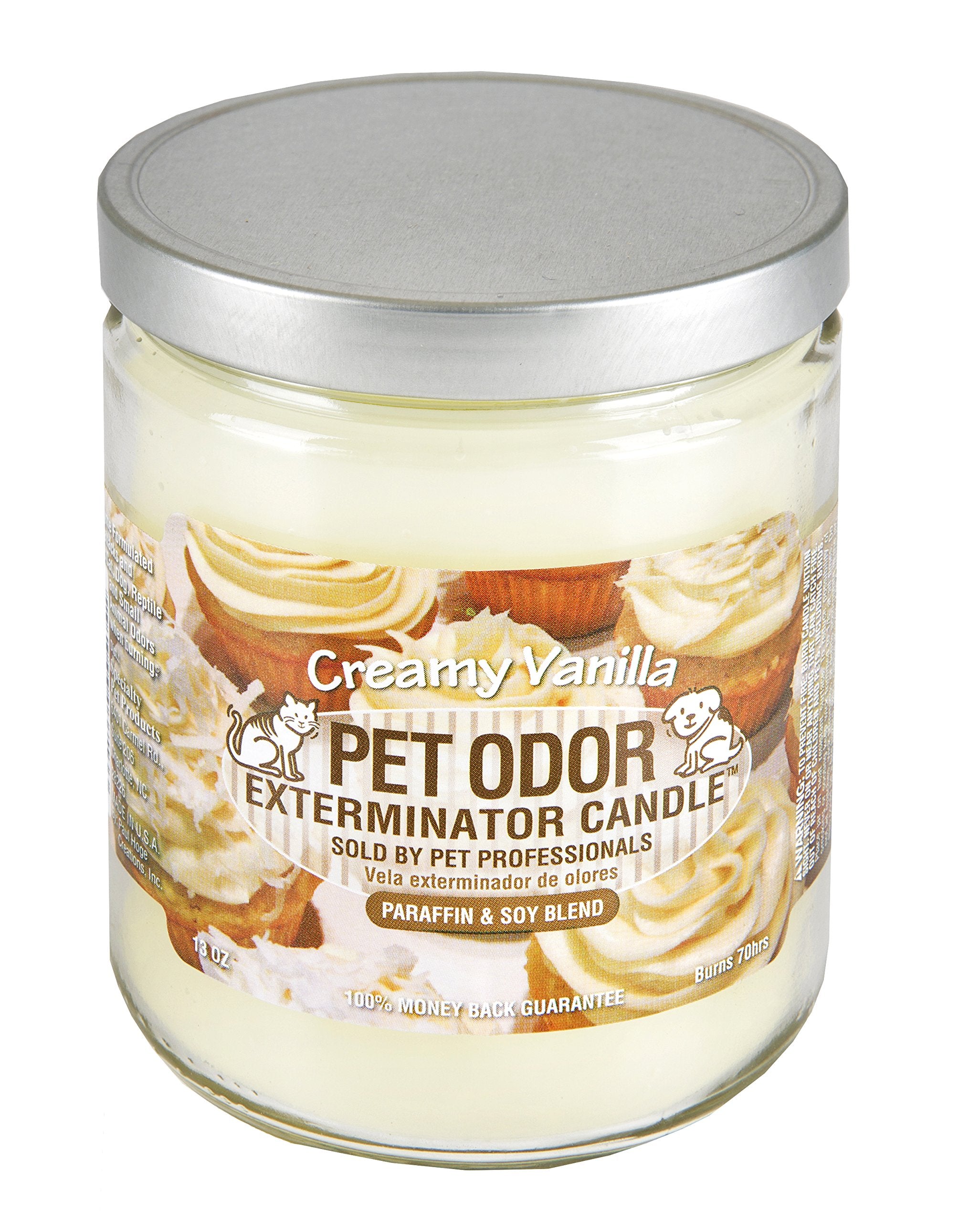 Specialty Pet Products Odor Exterminator Candle emits amber glow for long-lasting freshness.