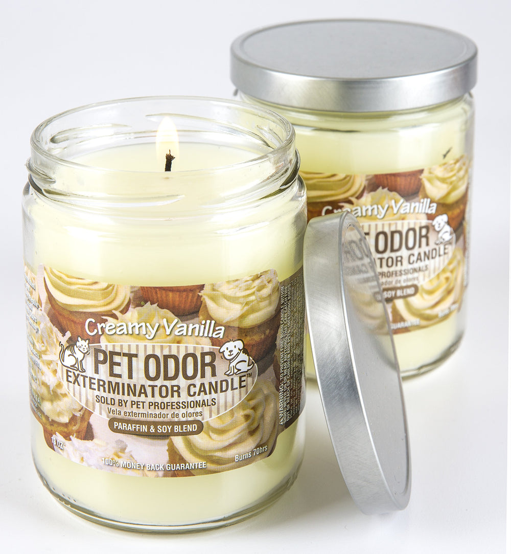 Specialty Pet Products Odor Exterminator Candle on an office desk for fresh surroundings.