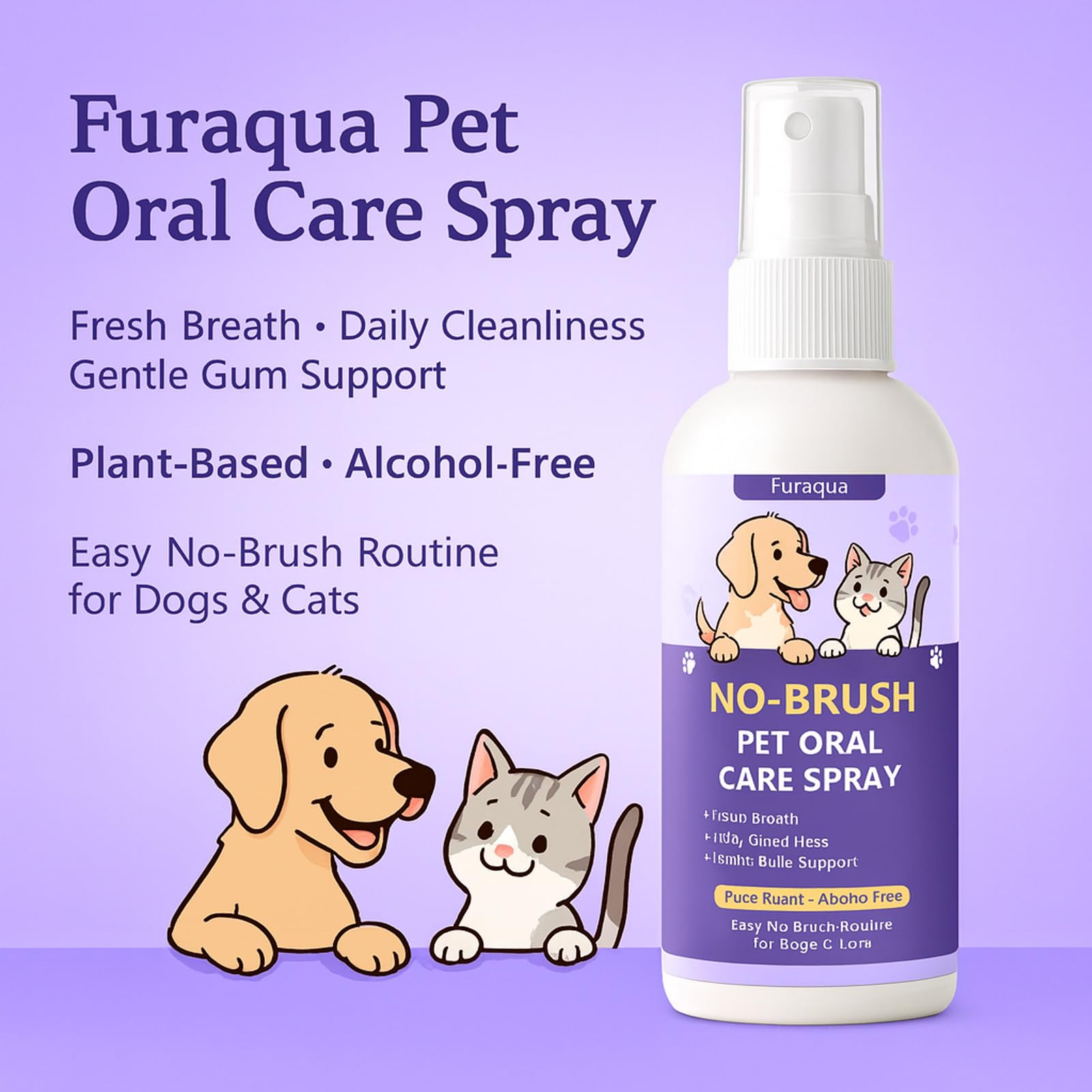 SPEORARY Furaqua mist application showing quick, no-brush breath freshening for pets.