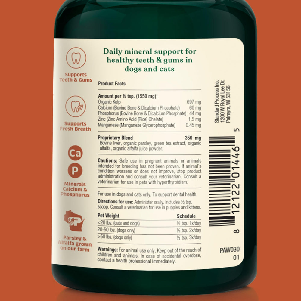 Spirited Paw Dental powder sprinkled on pet food supports tartar control and fresh breath.