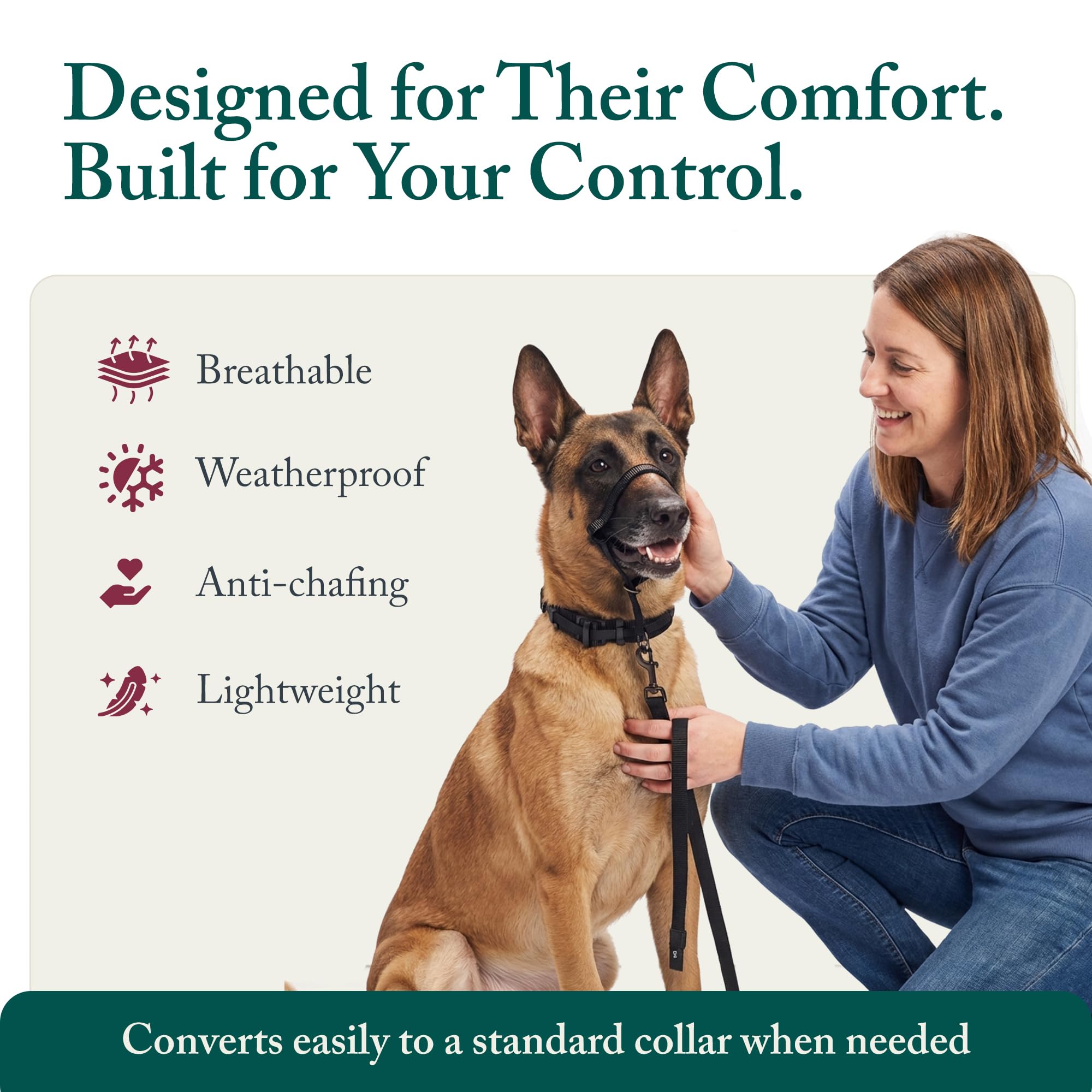 Sporn head halter fits large dogs with 16–24 inch necks.