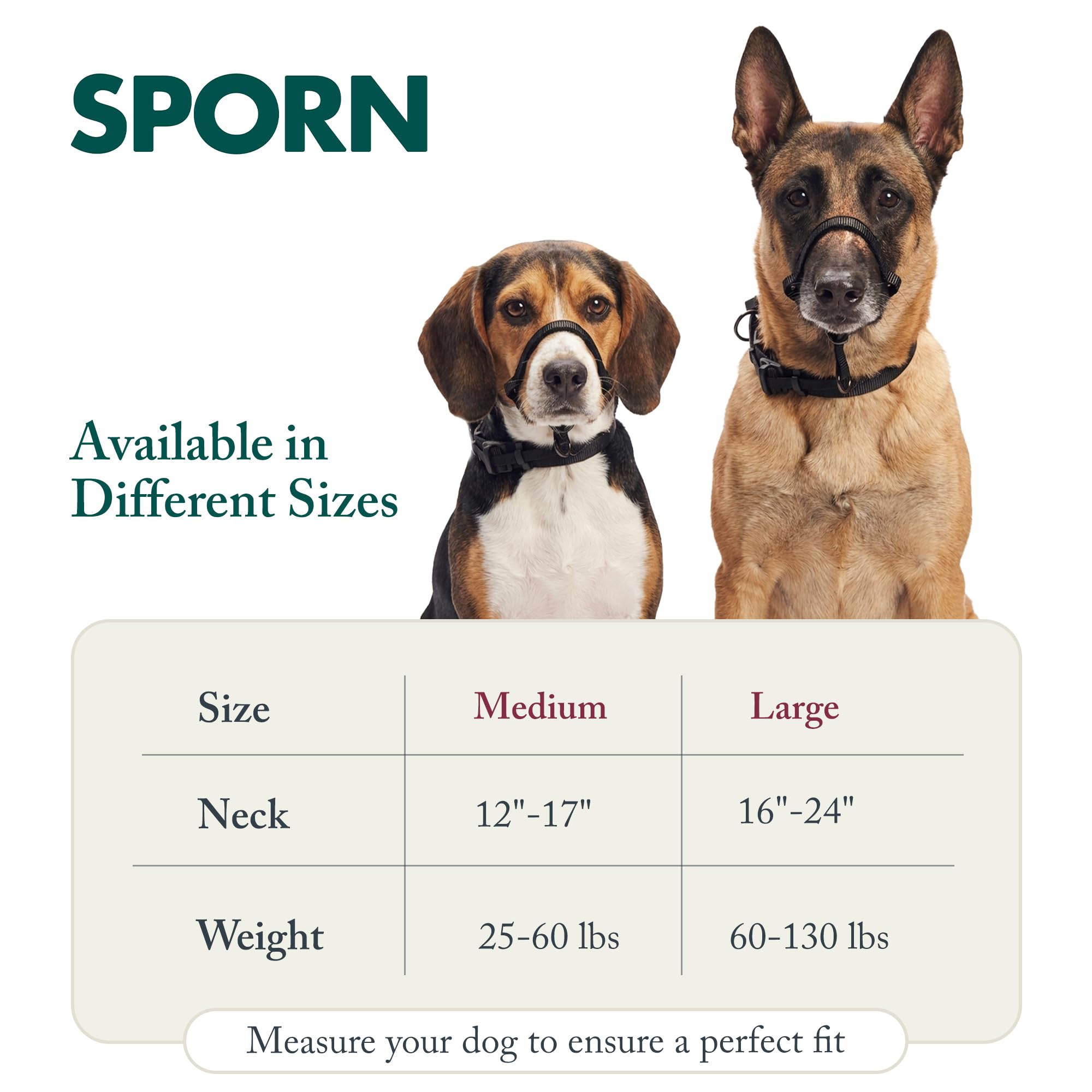 Sporn head halter features padded restraints to reduce rubbing during long walks.