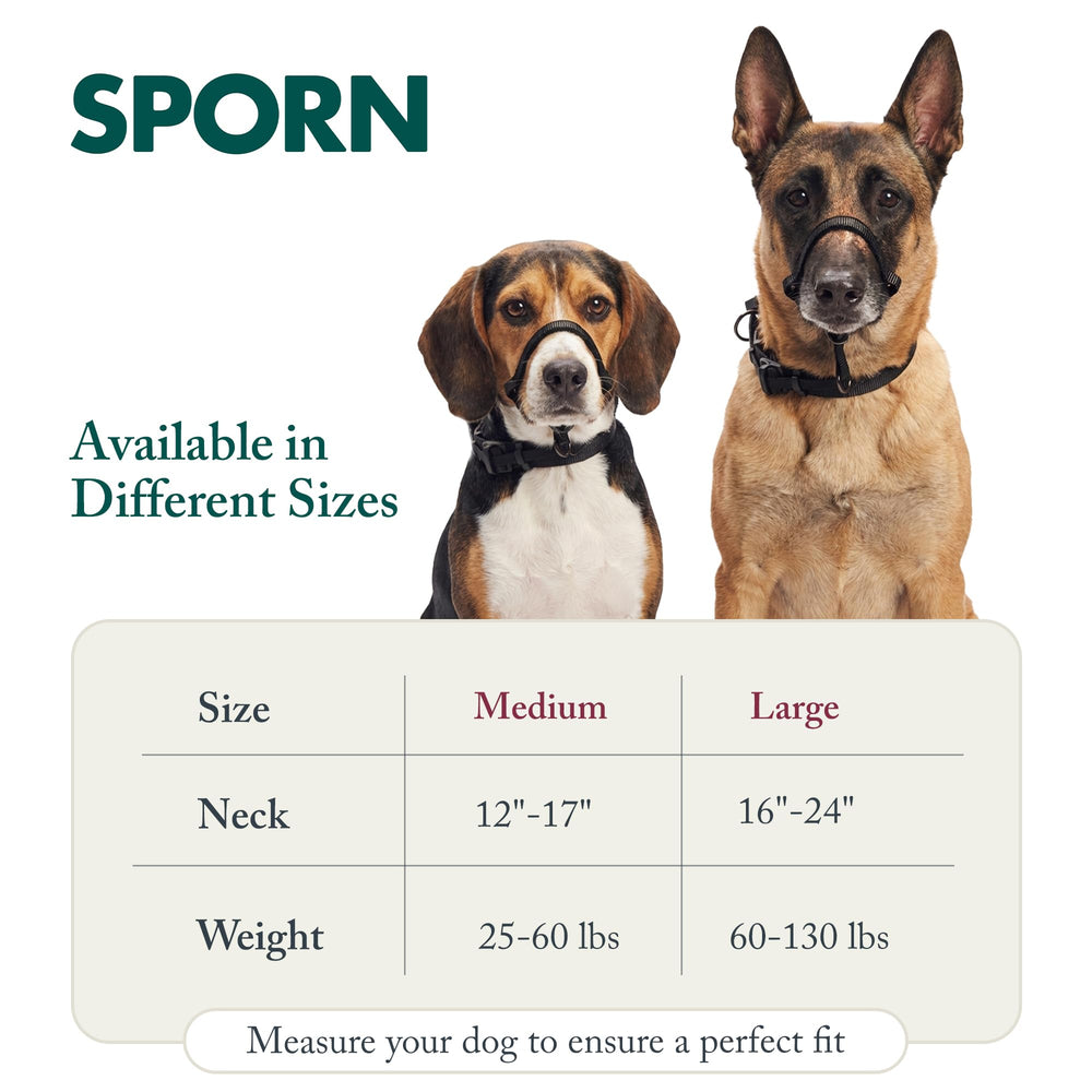 Sporn head halter features padded restraints to reduce rubbing during long walks.