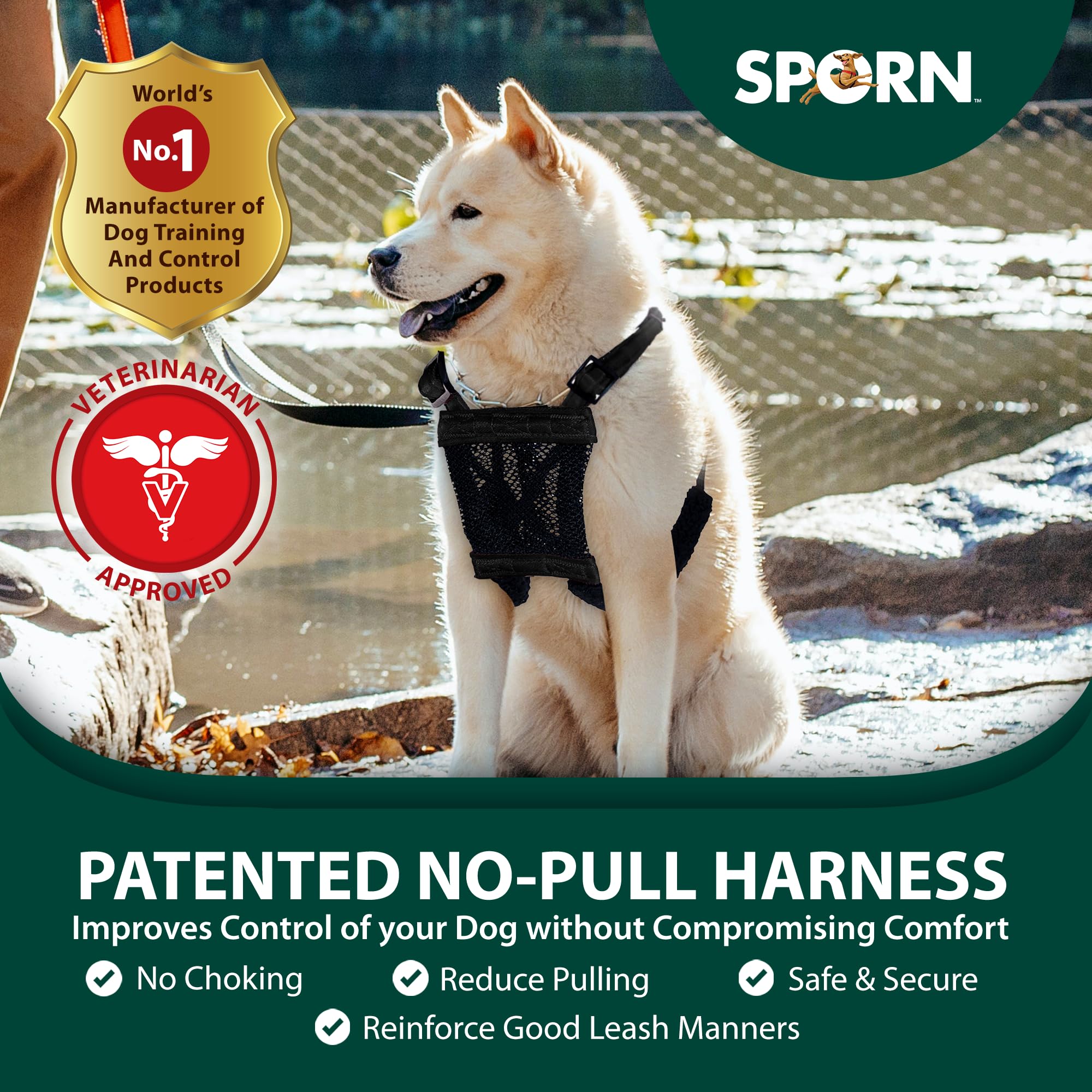 Sporn No Pull Harness chest-strap close-up showing padded sleeves for comfort.