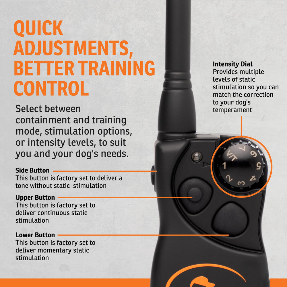 SportDOG remote transmitter in hand demonstrating training mode options
