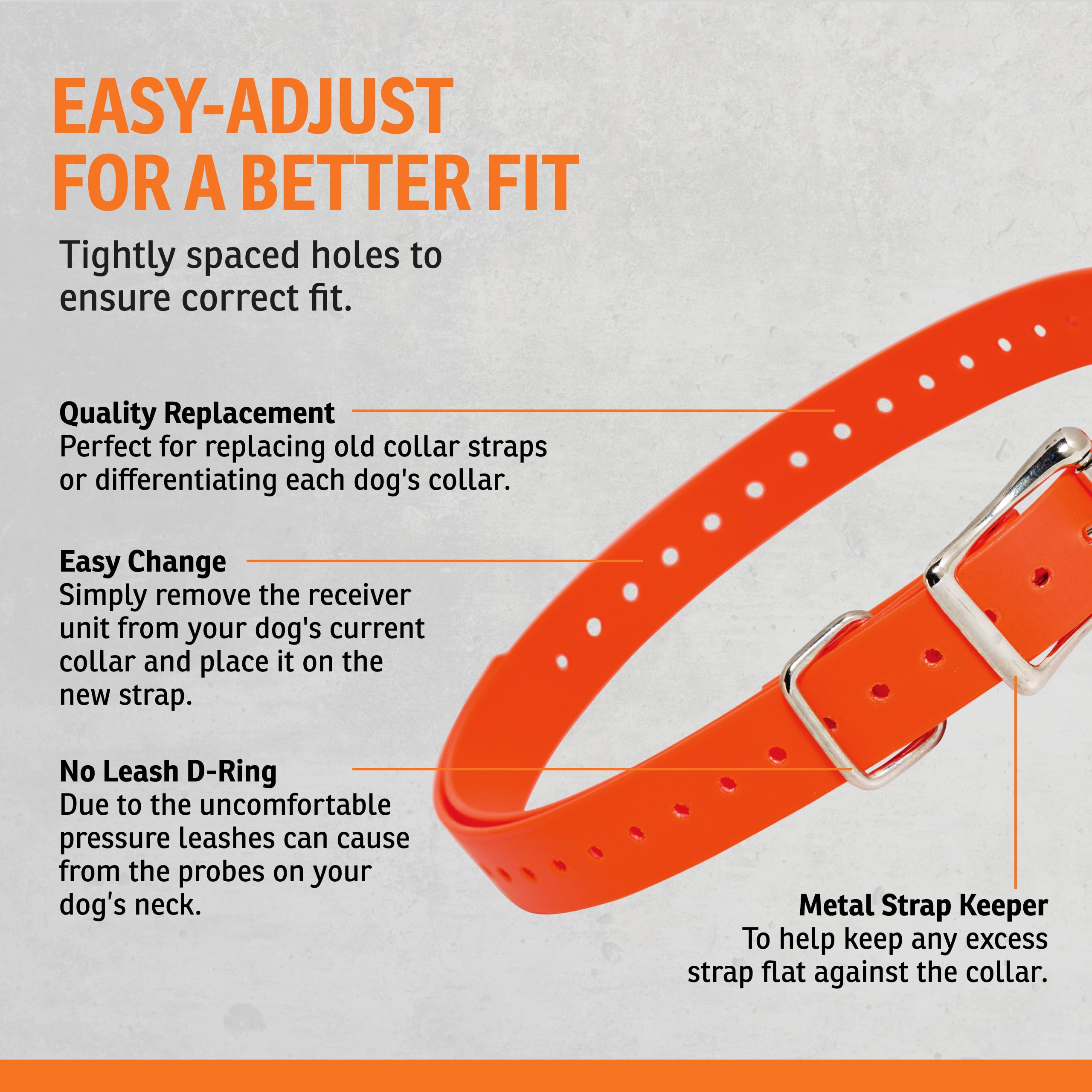 SportDOG orange adjustable holes collar strap fits necks from 5 to 22 inches.