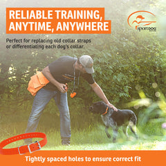 SportDOG orange strap close-up showing metal roller buckle for a secure fit.