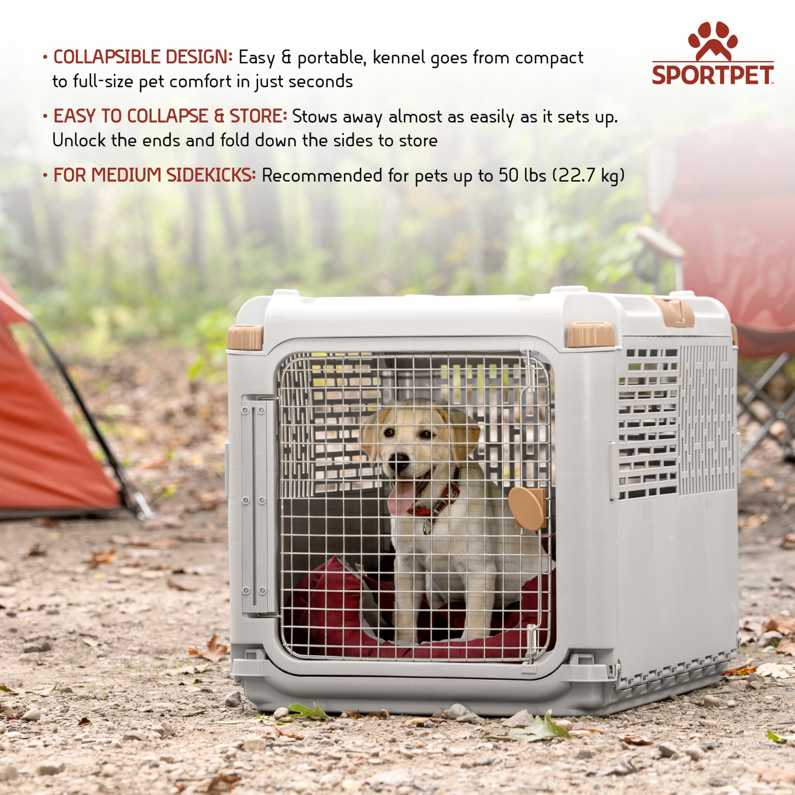 SportPet Designs collapsible kennel with door open for quick access.