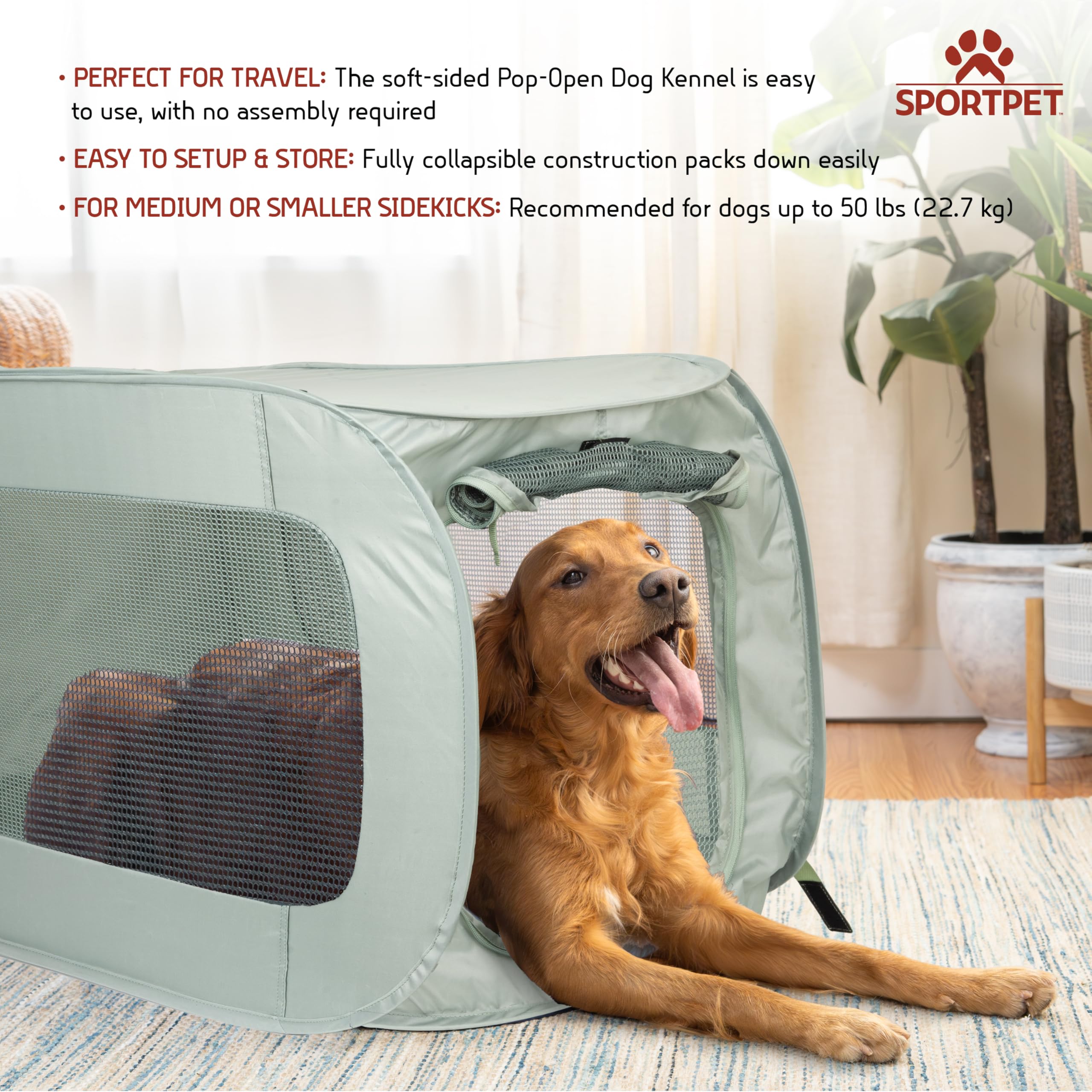 SportPet Designs soft-sided kennel with side zip entry provides convenient access and shade.