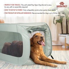 SportPet Designs soft-sided kennel with side zip entry provides convenient access and shade.