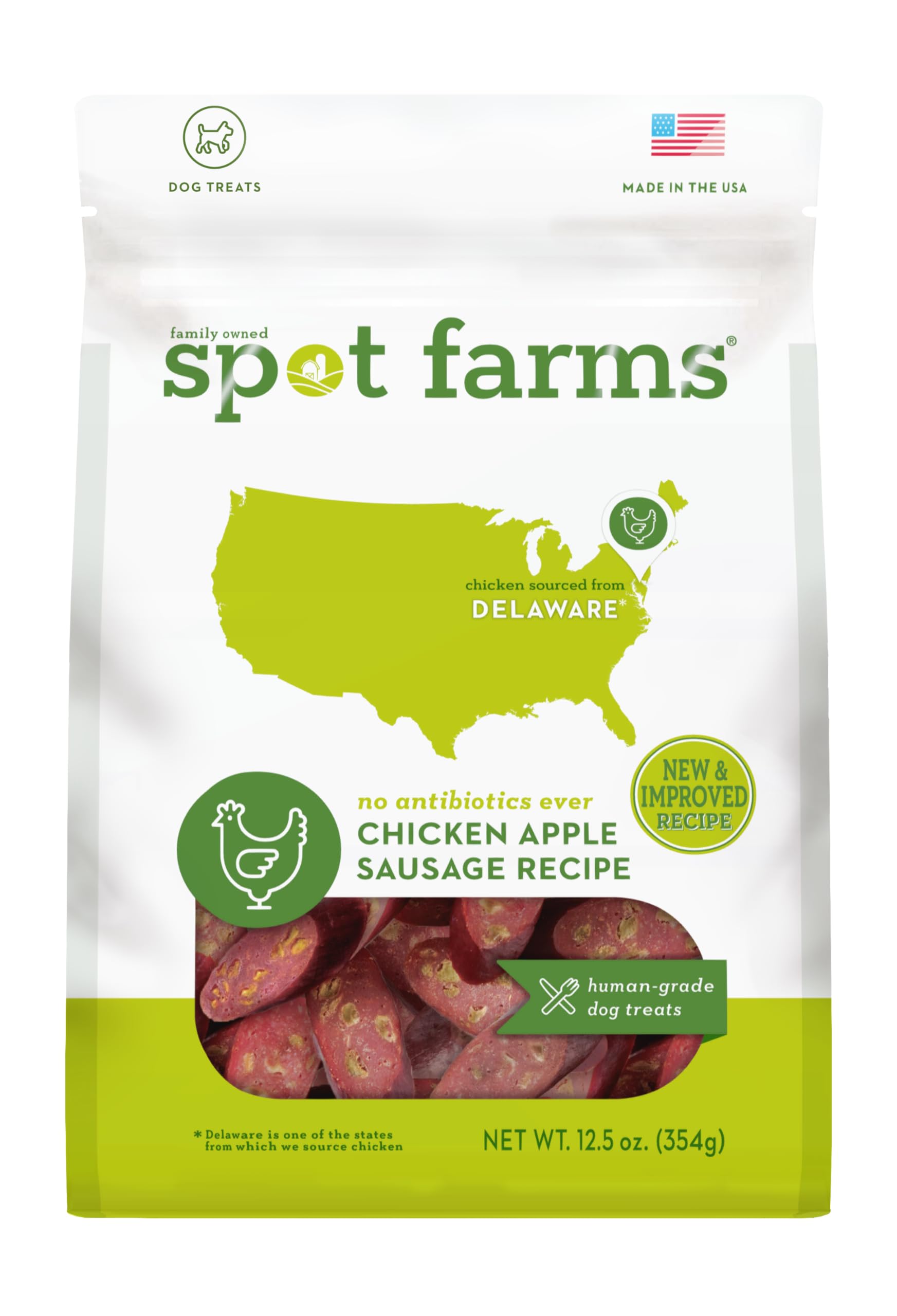 Spot Farms Chicken Apple Sausage dog treats front pack shows USA-made quality.