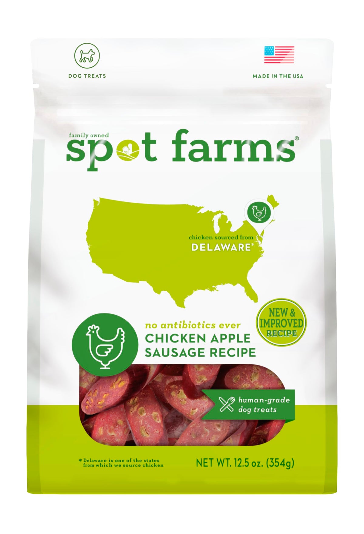 Spot Farms Chicken Apple Sausage dog treats front pack shows USA-made quality.