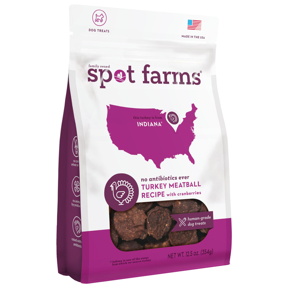 Spot Farms turkey meatball packaging close-up highlighting USA-made quality for dogs.