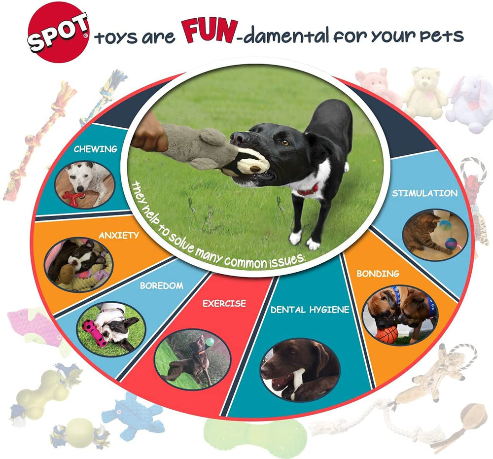 Soft-textured SPOT soccerball toy reduces rough handling and is pet-friendly.