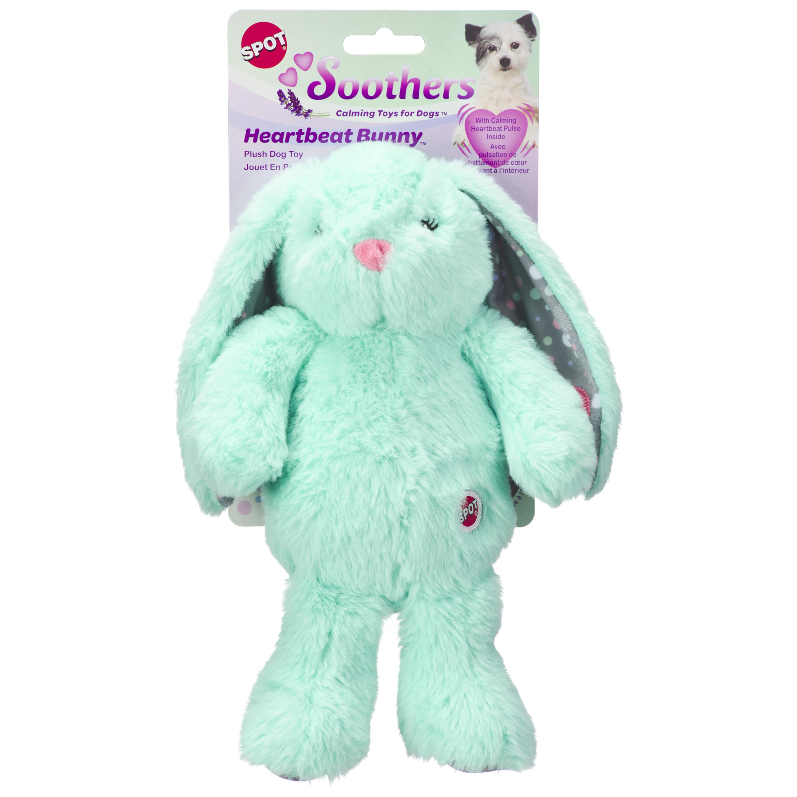 SPOT Soothers Heartbeat Bunny 12-inch plush calms anxious dogs at night.