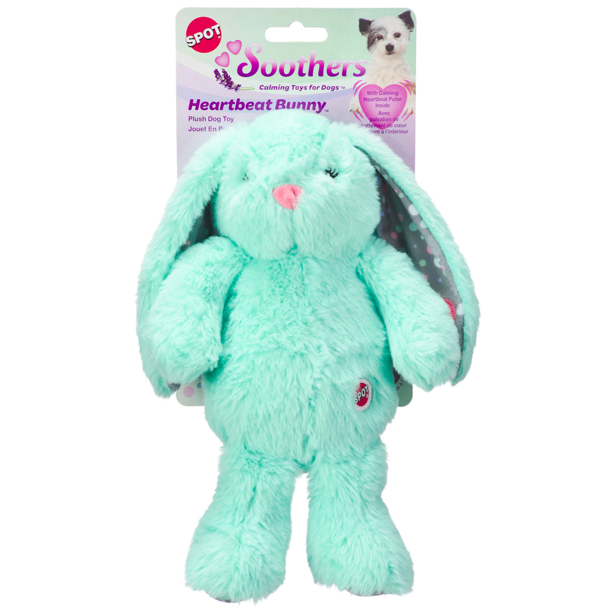 SPOT Soothers Heartbeat Bunny 12-inch plush calms anxious dogs at night.
