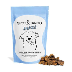 Spot & Tango Bison Kidney Bites packaging showcases USA-made, grain-free rewards for dogs.