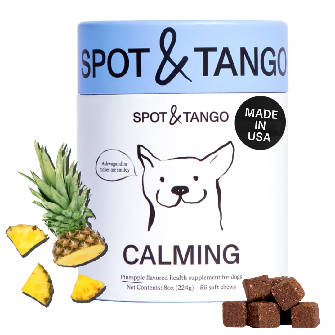 Spot & Tango calming bottle pour showing vet-approved support for dogs.