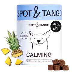Spot & Tango calming bottle pour showing vet-approved support for dogs.