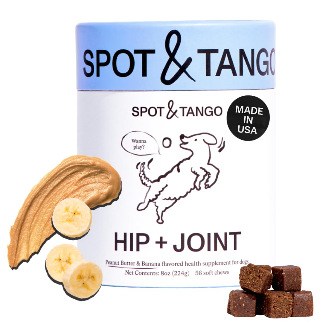 Spot & Tango Hip + Joint chews bottle showing vet-developed formula for mobility.